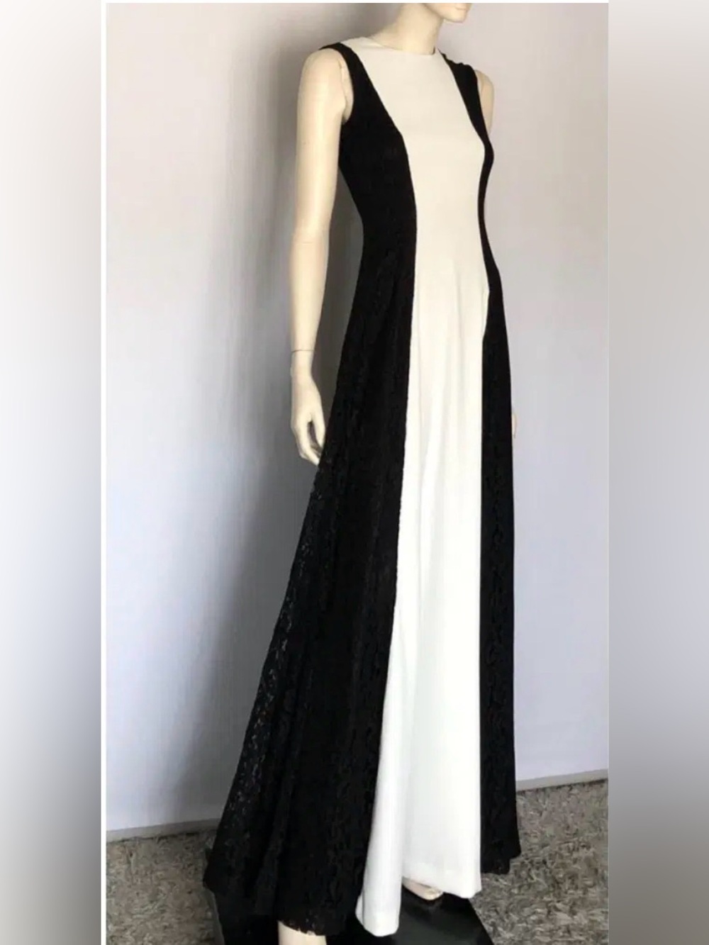 Carolina Herrera Black and White Lace-Panel Maxi Dress